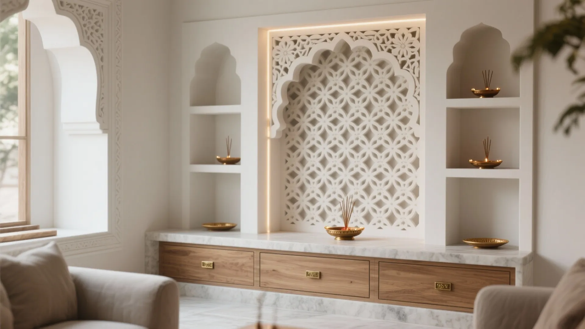 White wall cabinet with carved pattern doors plus wooden drawers and golden bowls with incense