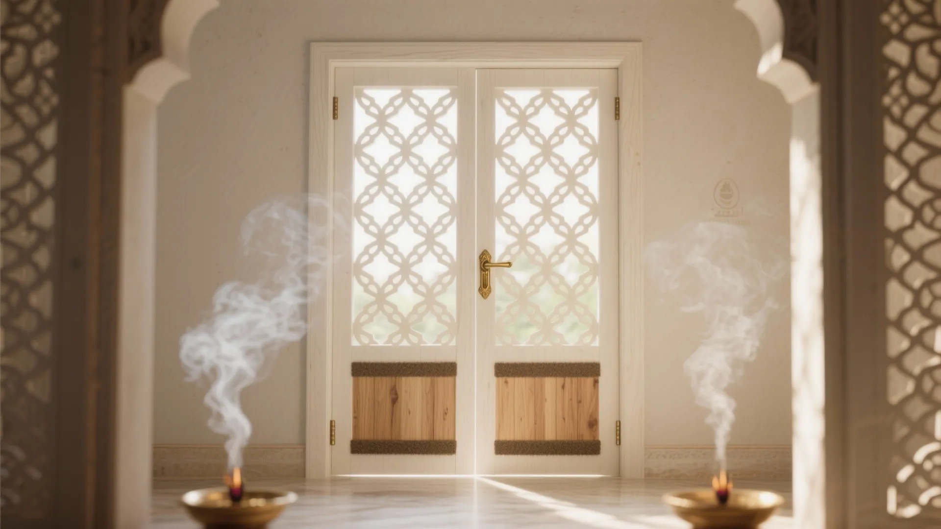 White wooden double doors with geometric lattice patterns and two smoking incense burners in front