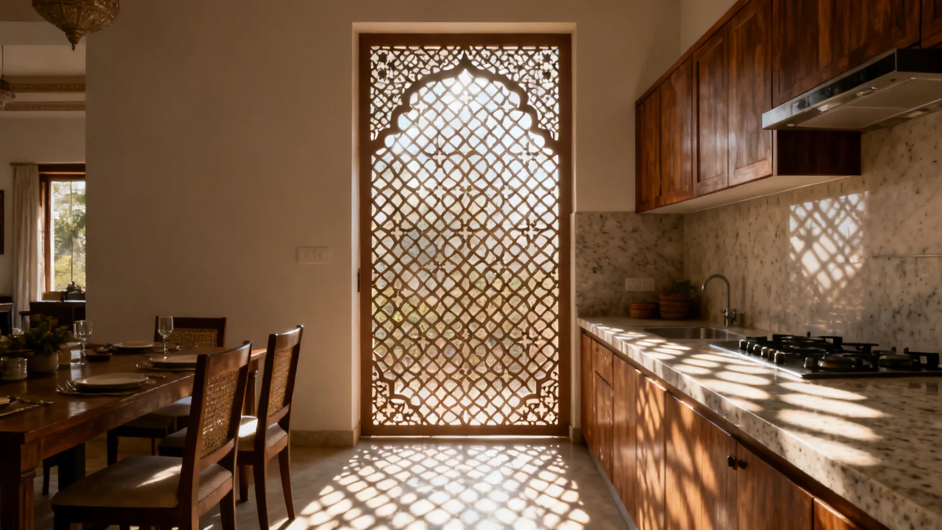 Compact Indian kitchen with a single jaali panel filtering soft daylight.