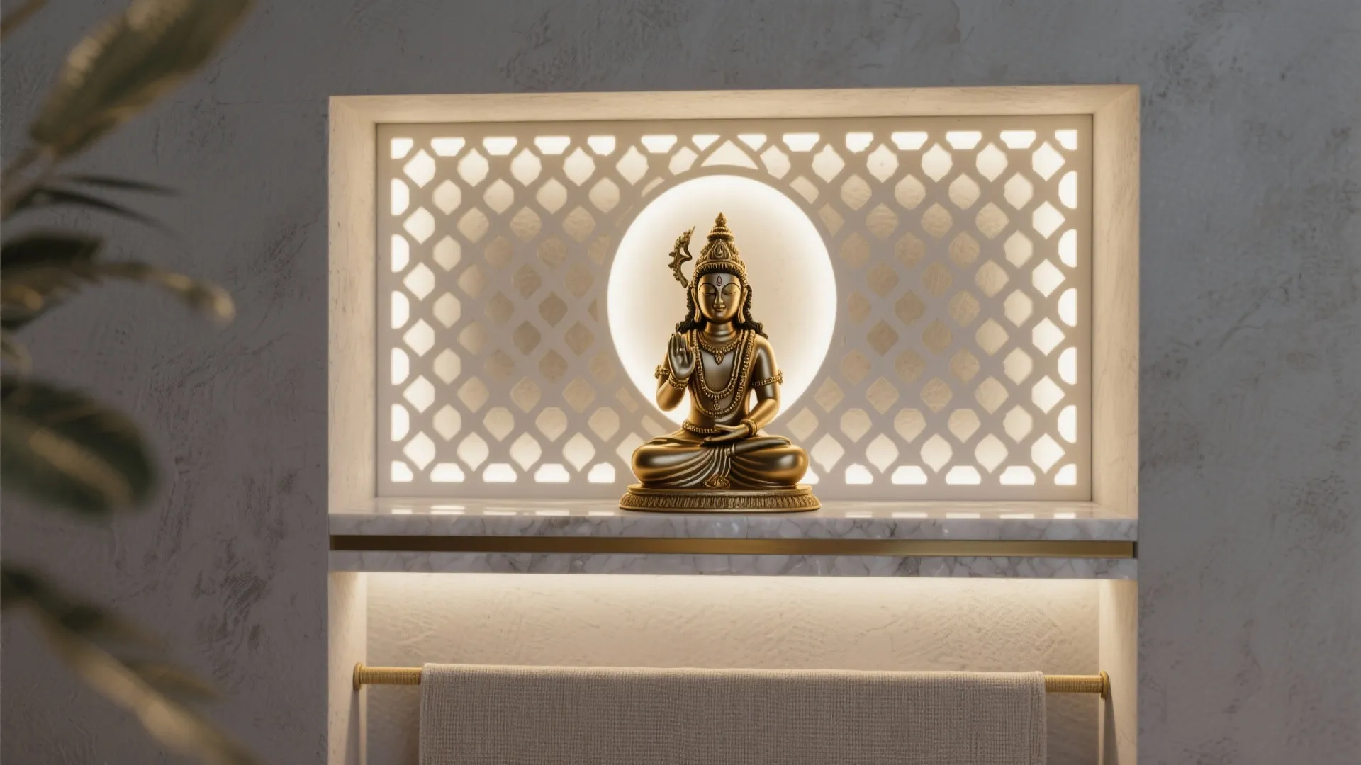 Golden statue on marble shelf with decorative lit wall panel and a hanging white towel