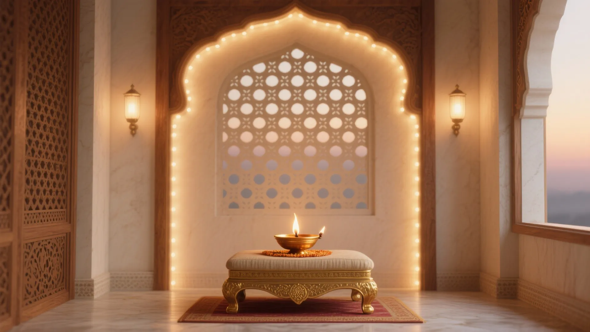 Jaali backdrop with diffused, safe lighting