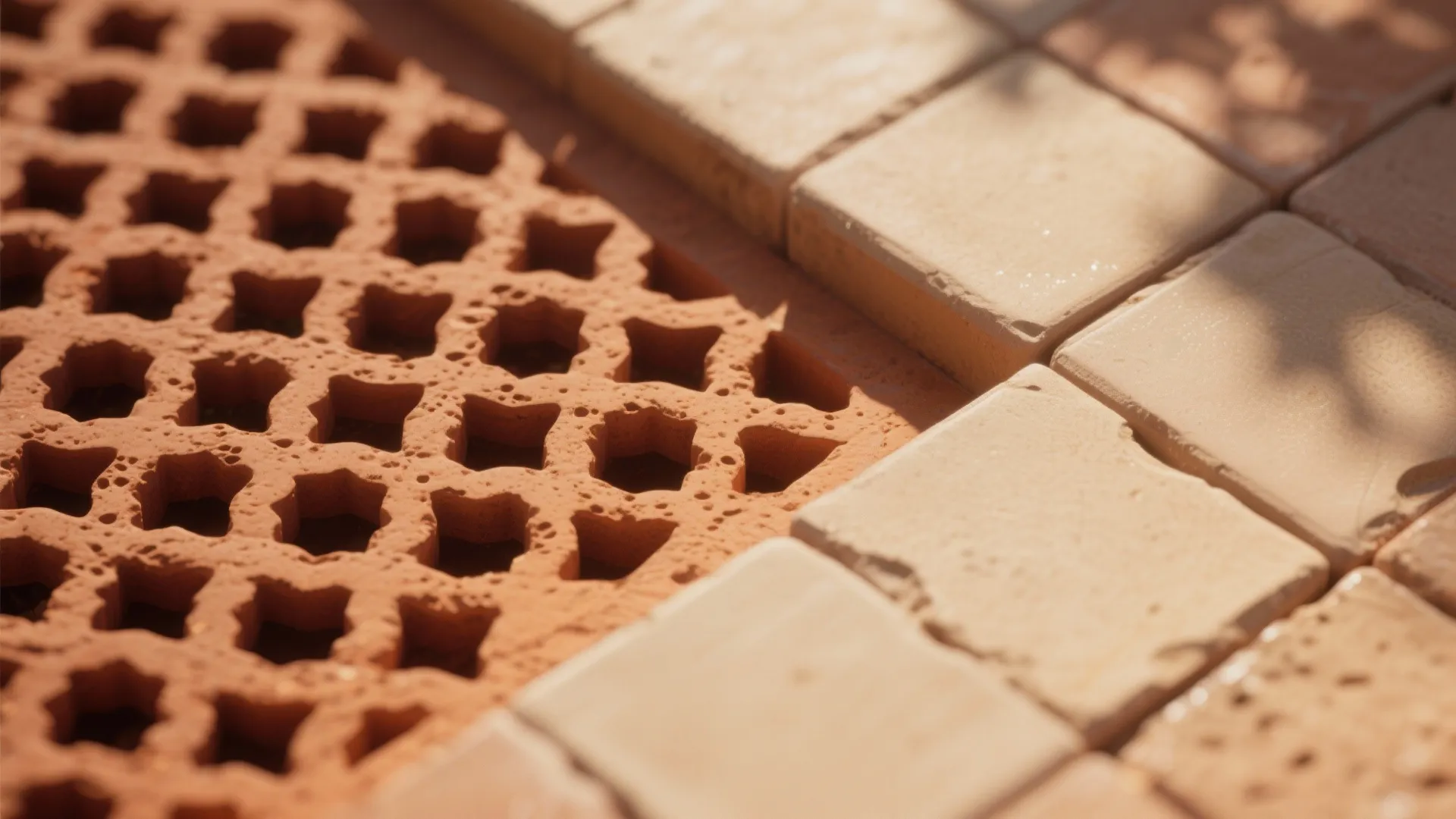Close-up view of orange patterned wall panel tiles and smooth beige square floor tiles under sunlight