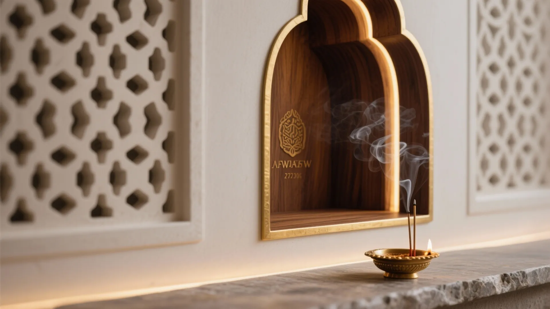 Warm Minimalist Pooja Niche with Jaali
