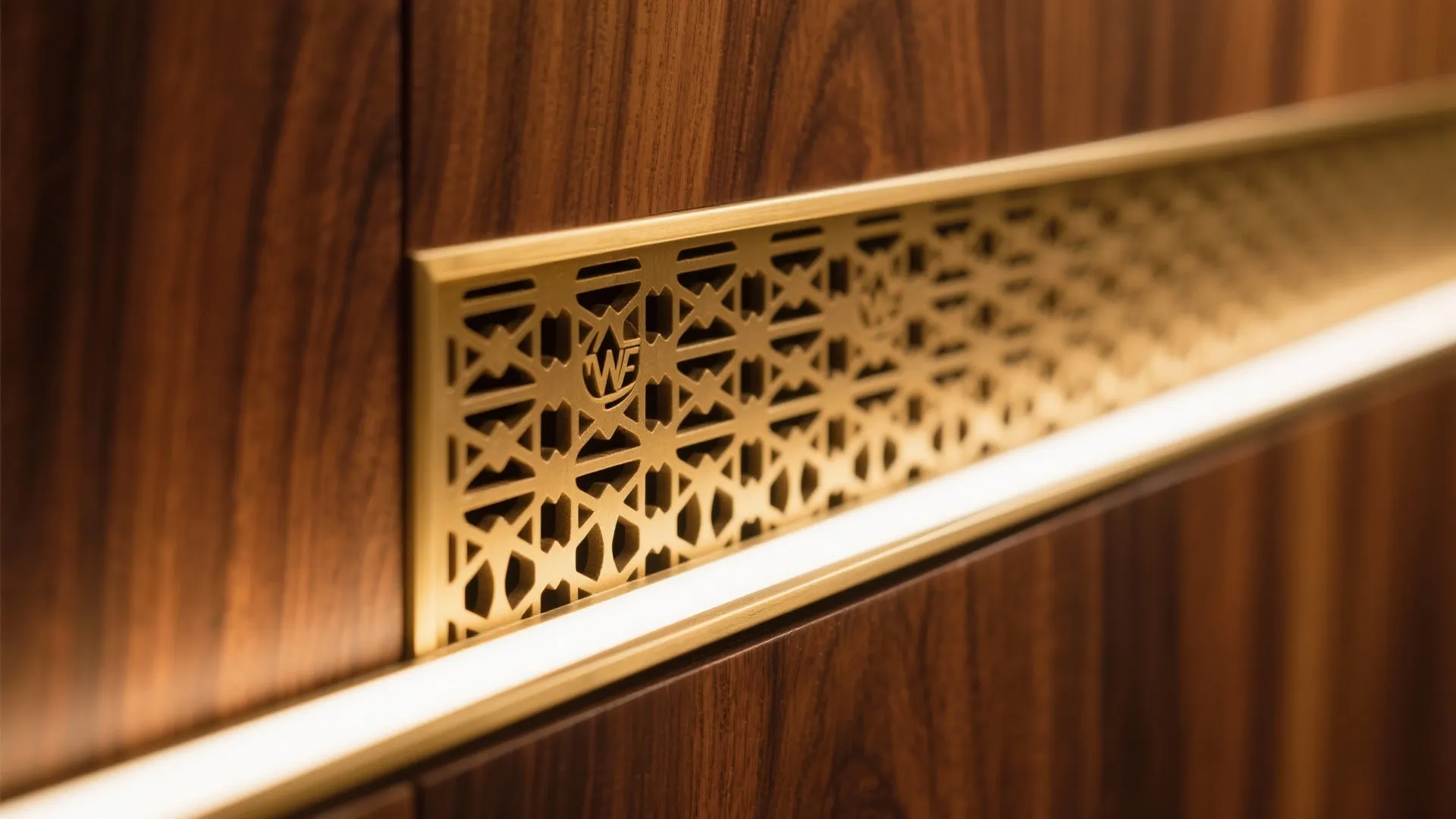Close up of decorative gold metal pattern on dark wood wall panel with bright light
