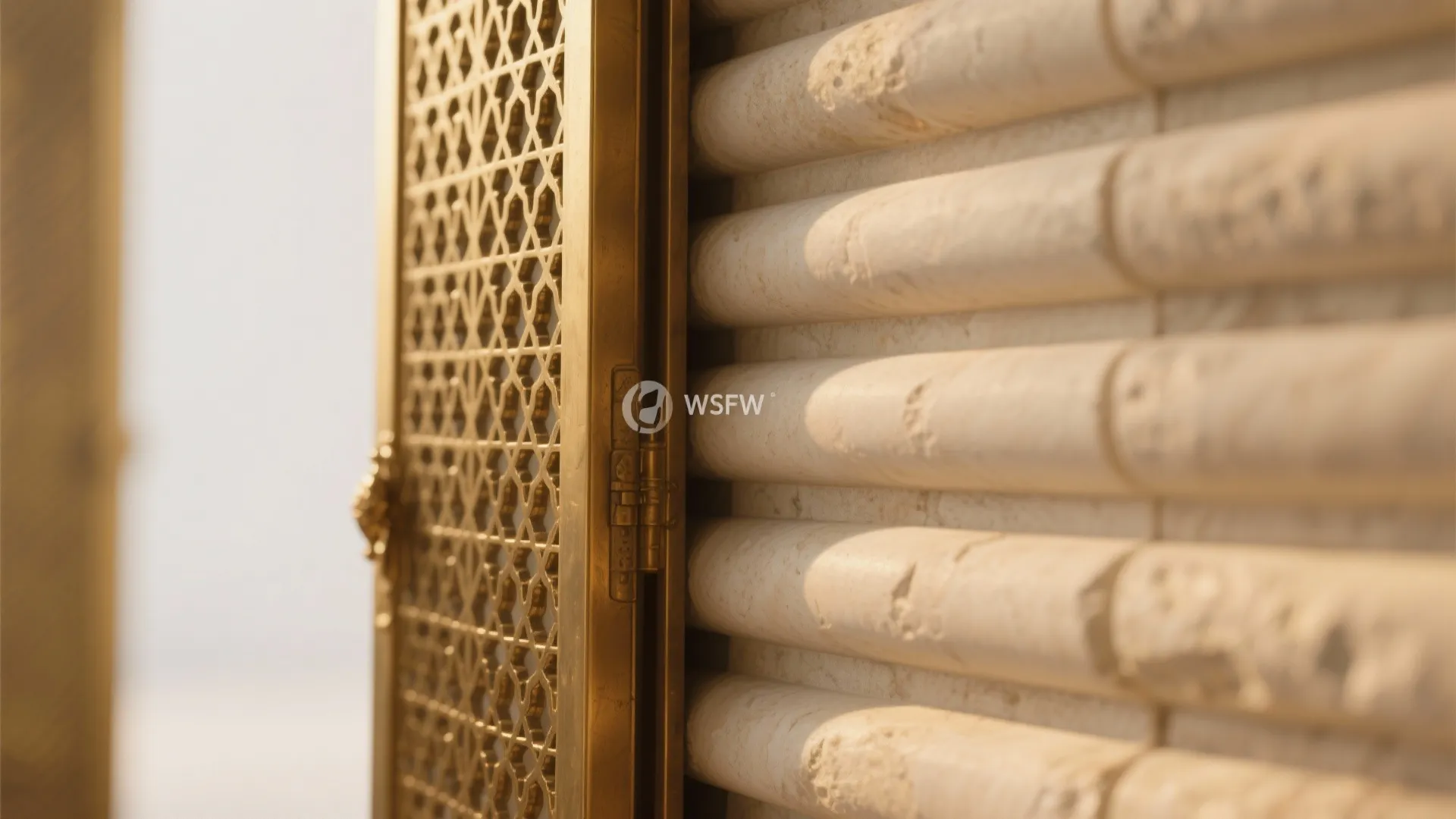 Close up of gold metal screen door and textured stone wall panel in a modern home