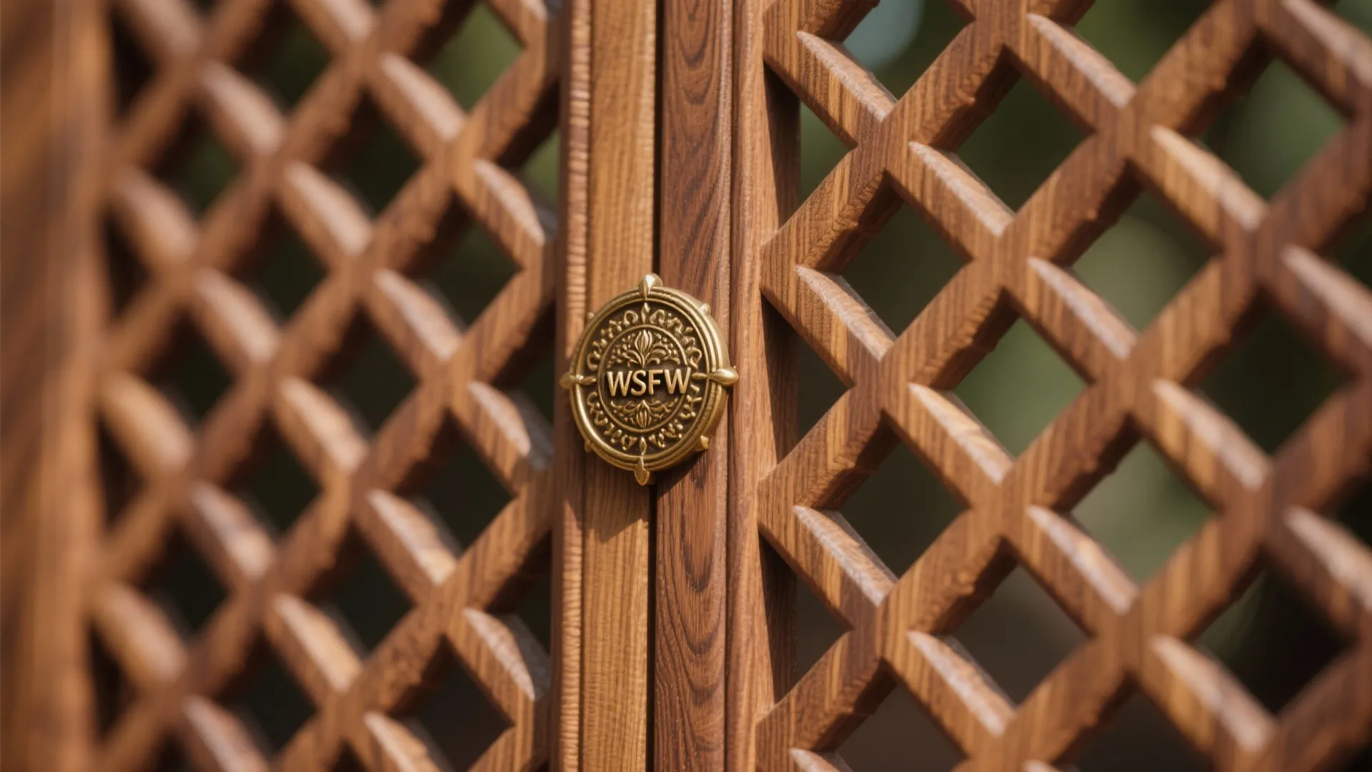 Macro of teak latticework on a jaali pooja door with a small brass emblem.