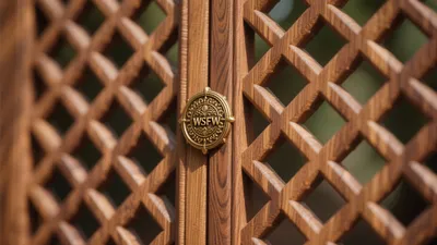 Ornate Wooden Lattice Gate with Gold Emblem