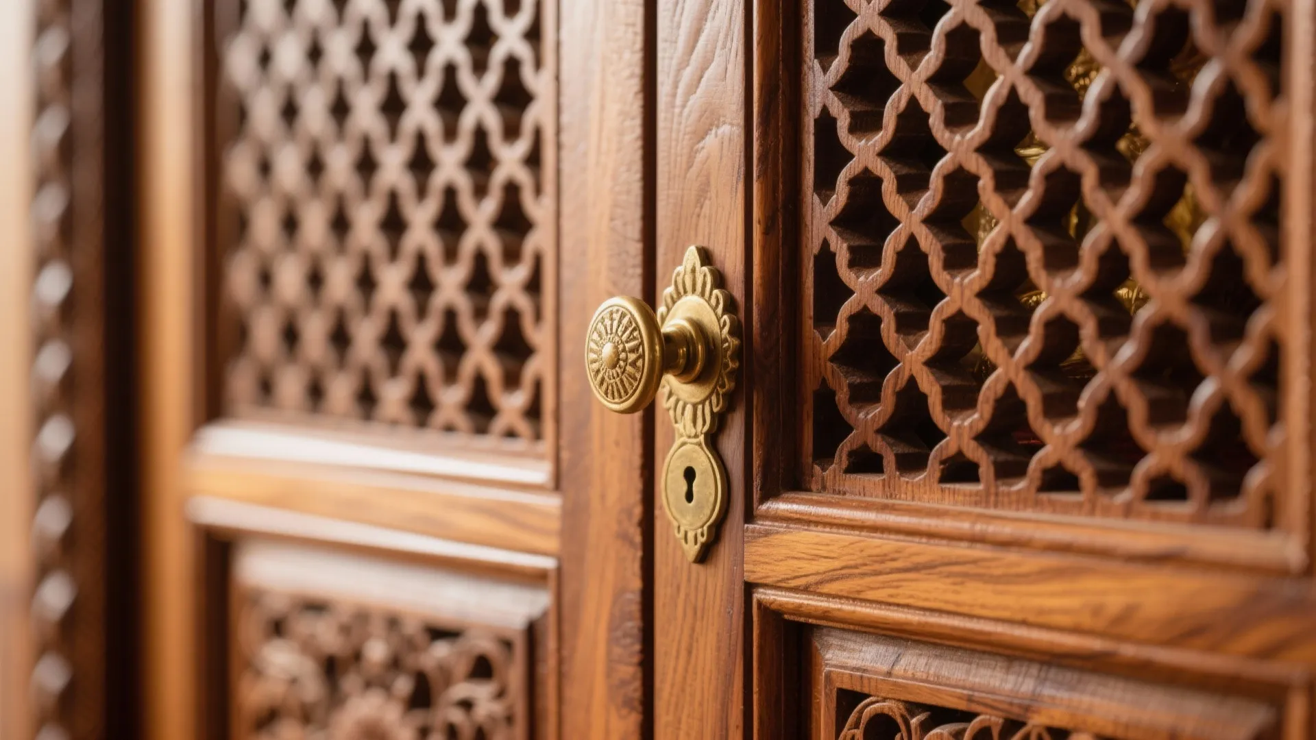 Macro of teak jaali carving with brass knob highlighting fine lattice texture.