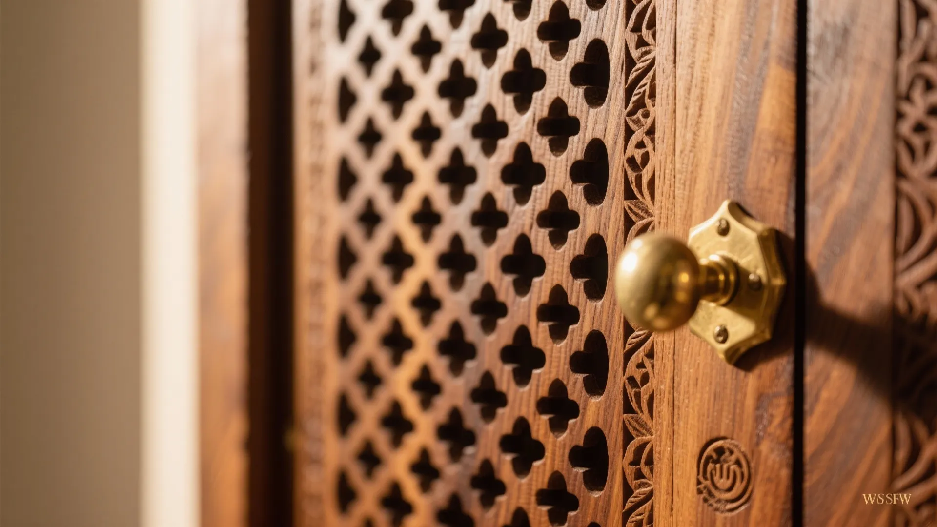 Macro of carved teak jaali panel with warm LED glow and brass pull.