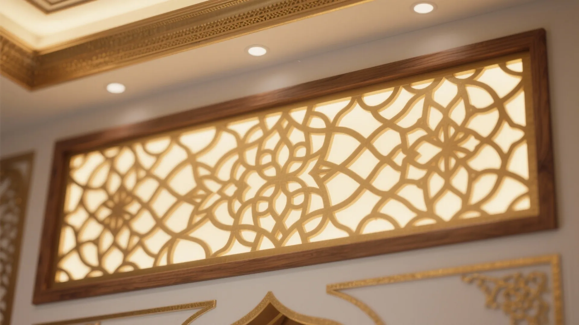 Close up of a backlit decorative wall panel with gold floral patterns and wooden frame