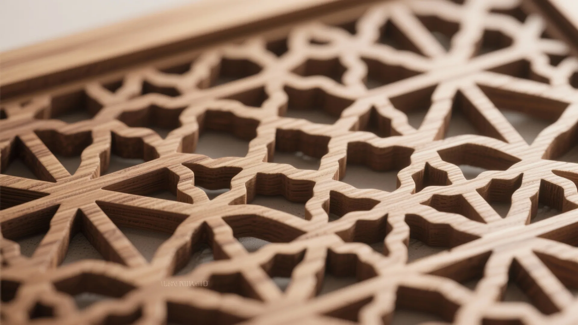 Macro of CNC-cut wooden jaali with matte PU finish and crisp geometric edges.