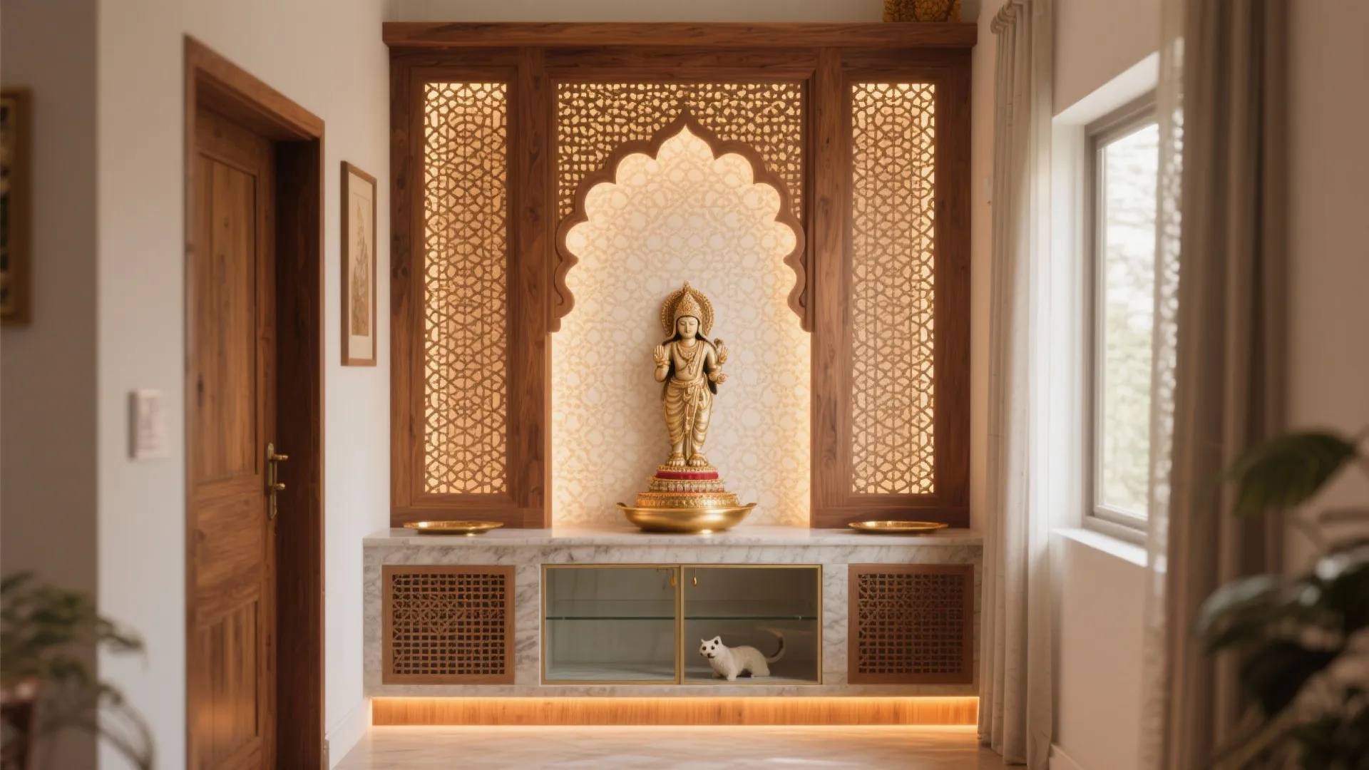 Gold statue placed inside a wooden wall panel with patterns and marble counter for storage