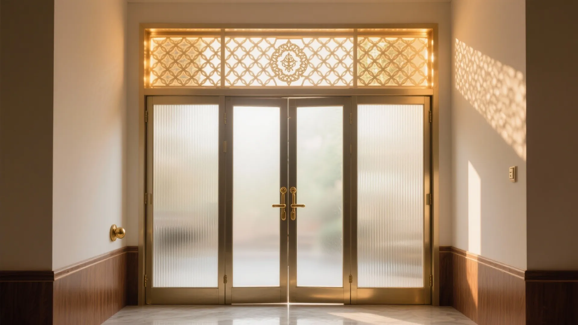 Frosted glass double doors with golden handles and decorative patterned light panel in home entryway