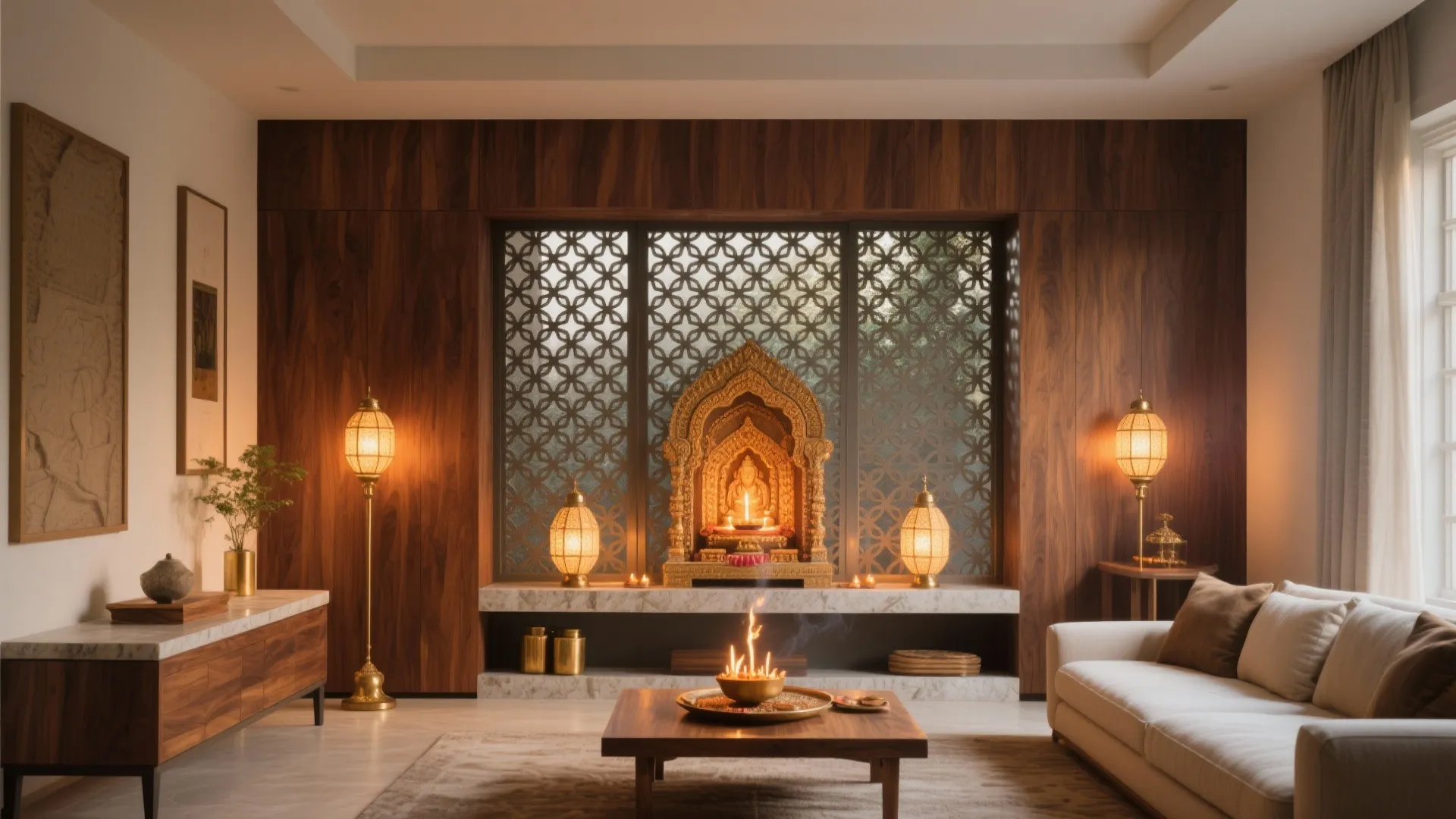 Jaali-Panel Mandir that Subtly Zones the Living Room