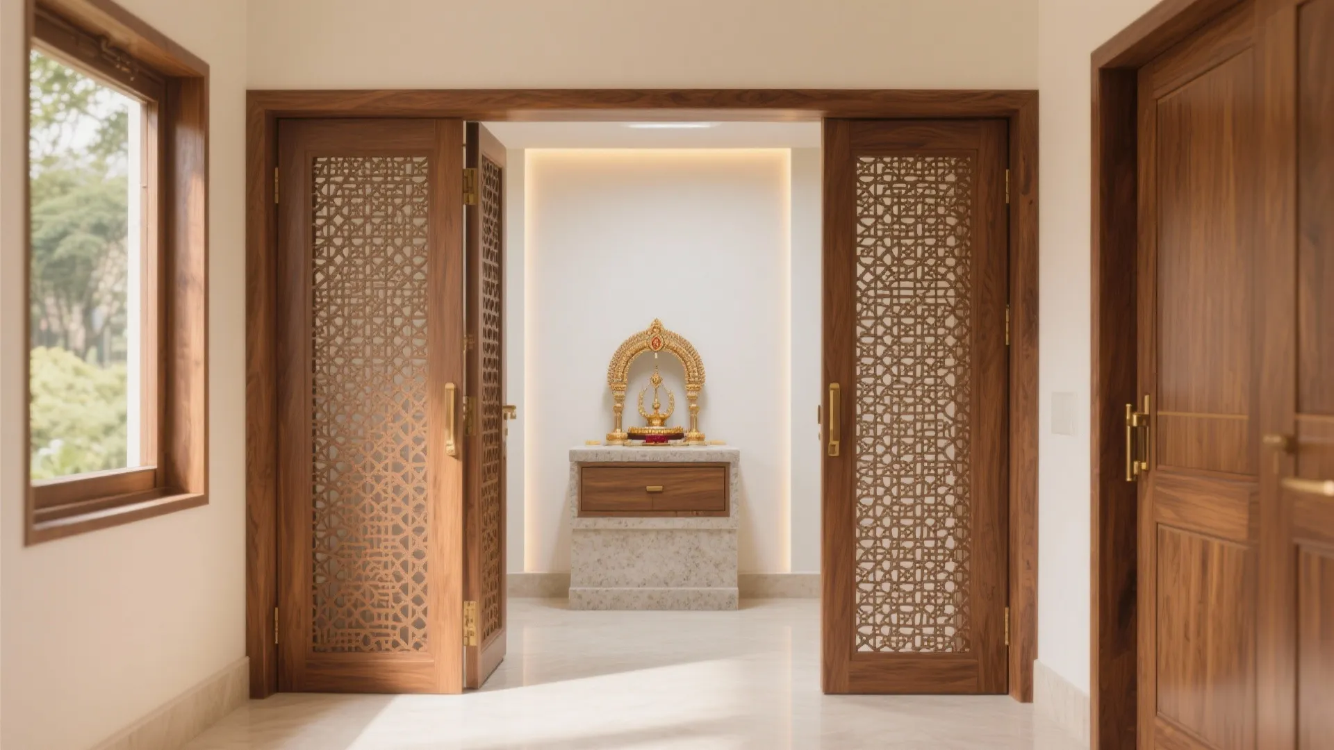 Carved Wooden Jaali Doors with a Minimal Mandir Core