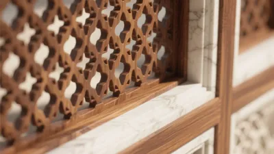 Luxury Wood & Marble Wall Panel Design with Geometric Carving