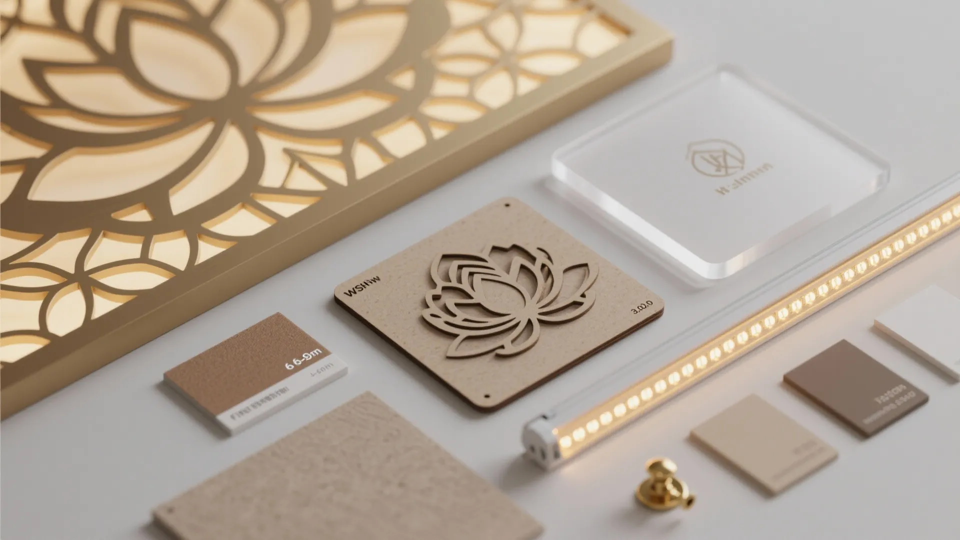 Flatlay of MDF jaali sample, opal acrylic diffuser, warm LED strip, finish swatches, and brass hardware.