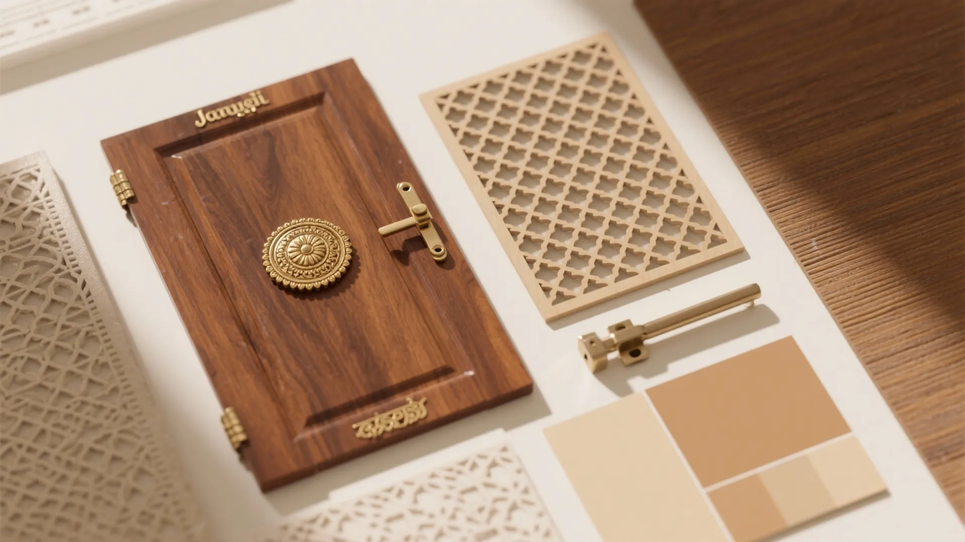 Flat lay with teak veneer, lattice sample, brass emblem, and hinge hardware.