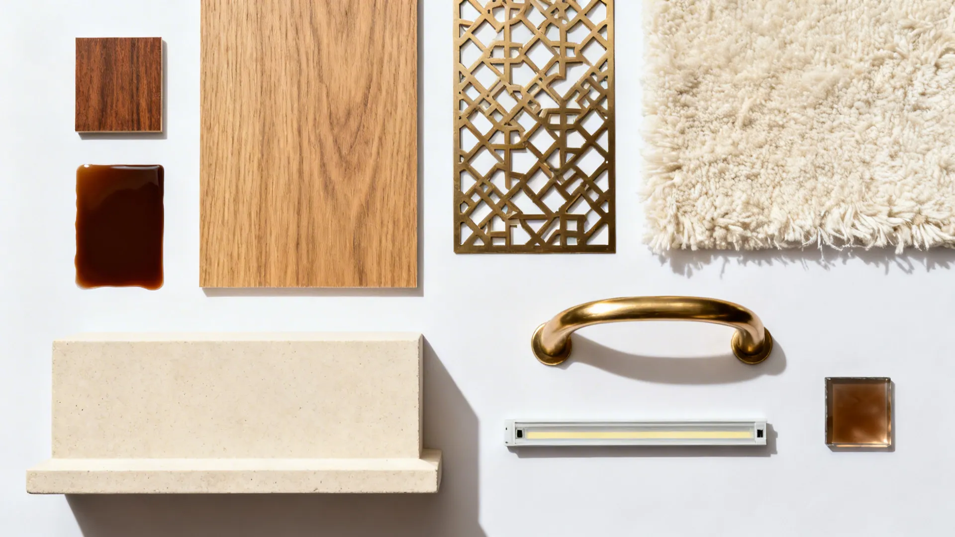 Top-down materials: wood veneers, stone, brass, and LED channel for a jaali pooja unit.