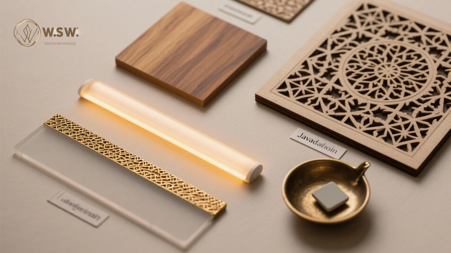 Material mood board featuring wood samples pattern panels light fixture gold metal trim and small bowl