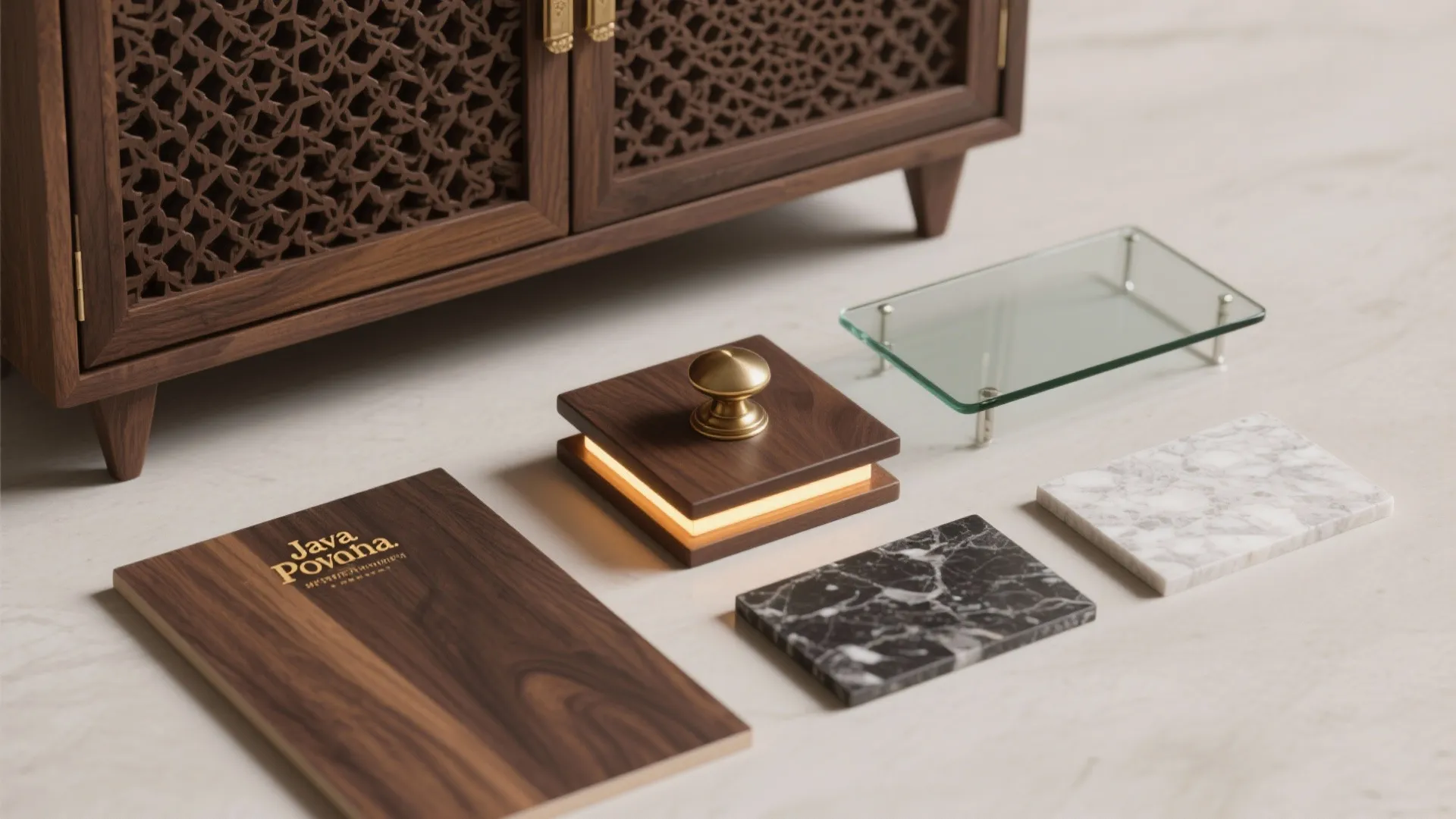Wooden cabinet with patterned doors next to marble tiles glass tray and wooden sample book