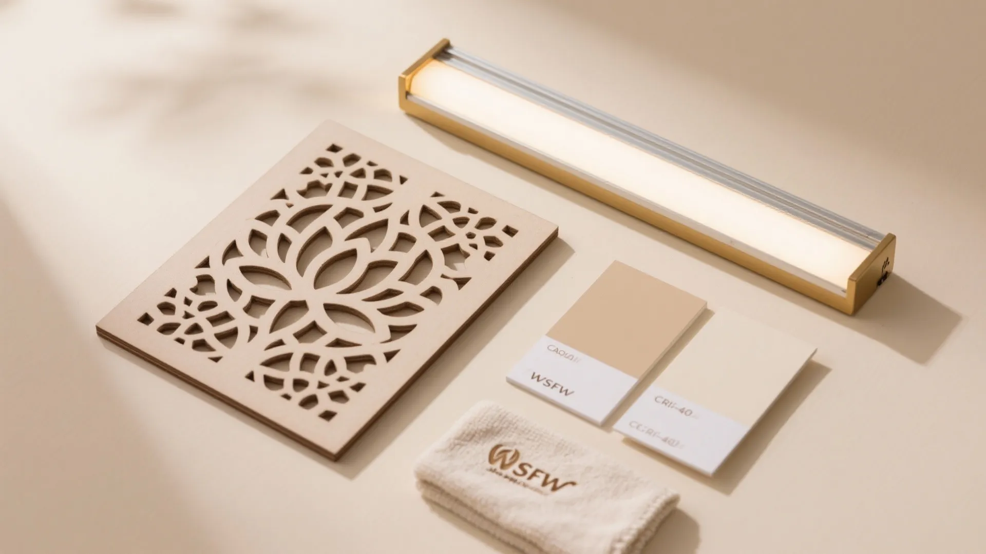 Interior design materials with patterned wood panel light fixture color samples and a white cloth
