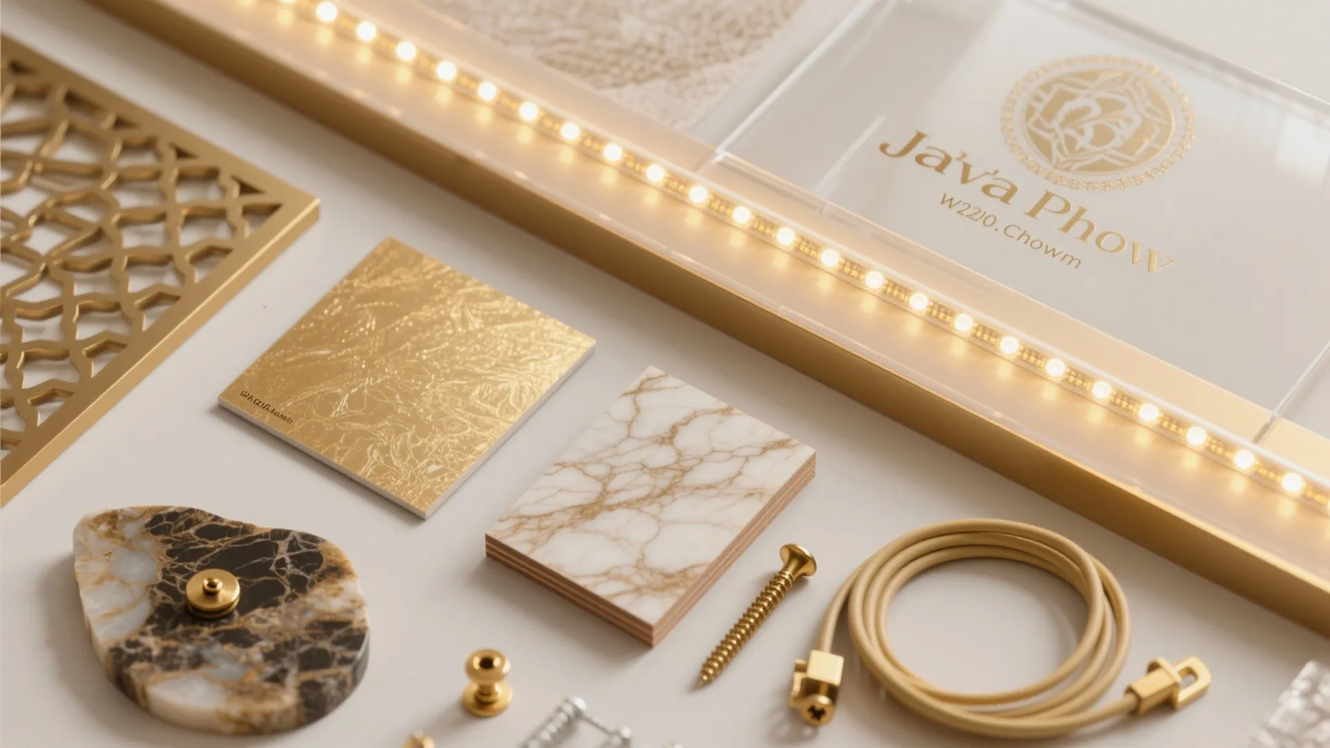 Close up view of golden wall panel samples marble pieces and small light fixture parts