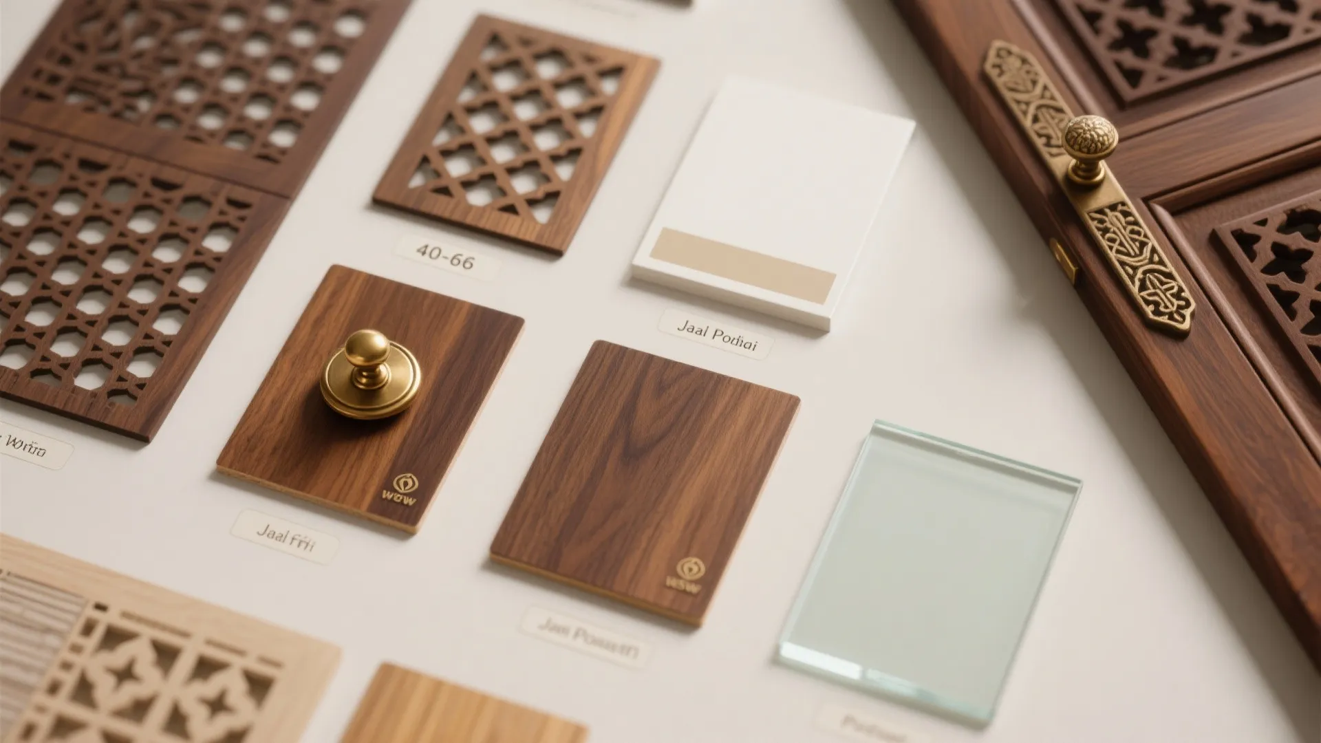 Various wood samples with decorative cut patterns gold door handle white tile and glass piece
