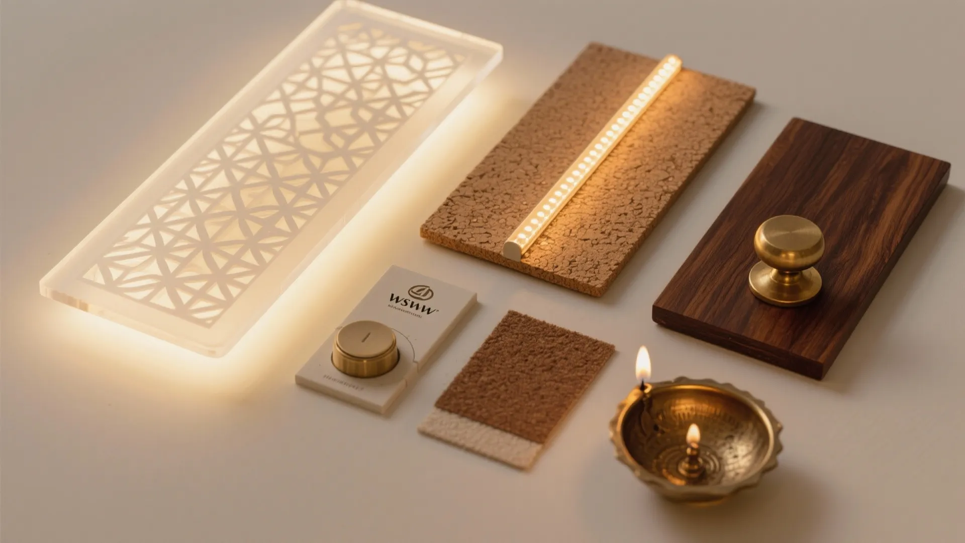 Interior design materials including wood panel stone texture light fixture and small gold brass bowl