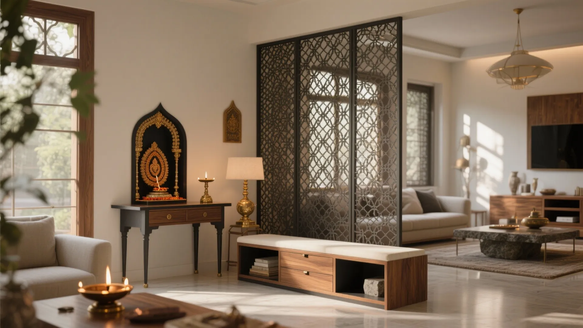 Interior design with decorative room divider wooden table gold lamp and marble floor living room
