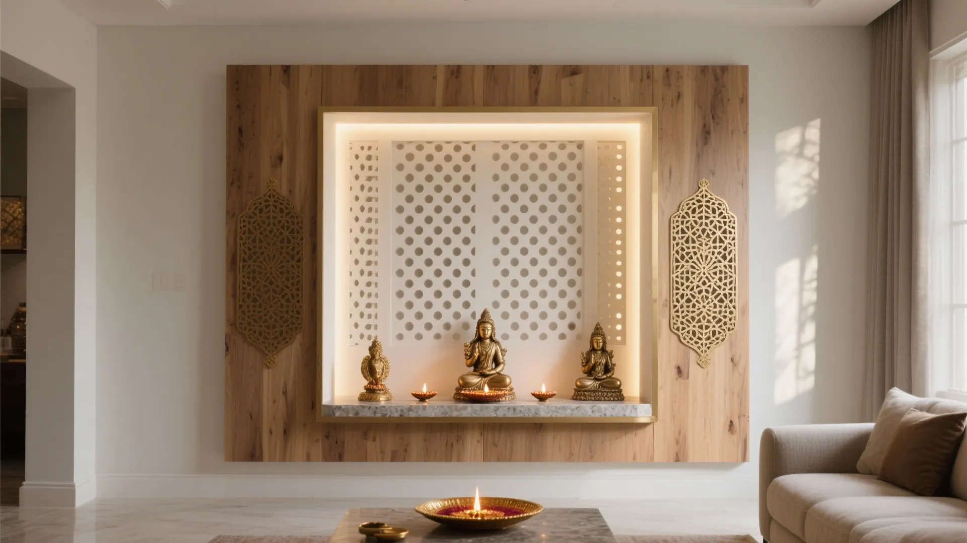 Warm Minimalist Pooja Niche with Jaali