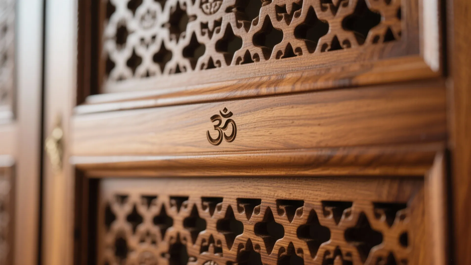 Close up of wood wall panel with a small symbol and detailed decorative pattern design