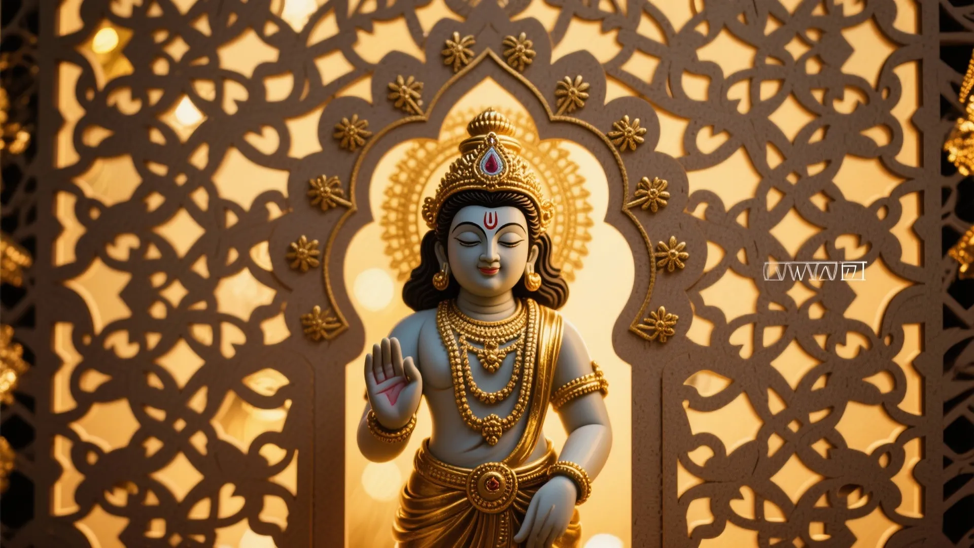 Golden statue in front of a brown patterned wall panel with warm yellow decorative light