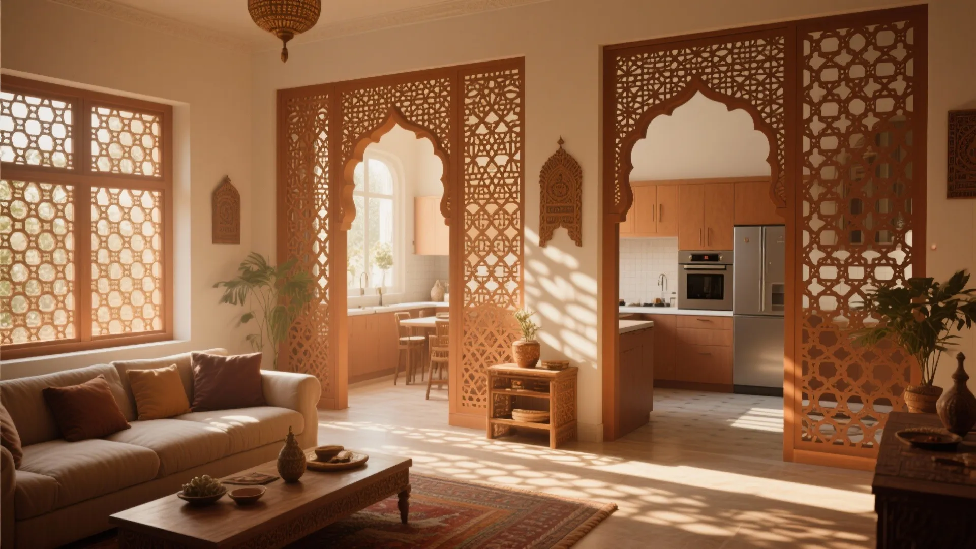 Living room with decorative wooden wall panels and arched openings looking into a bright kitchen