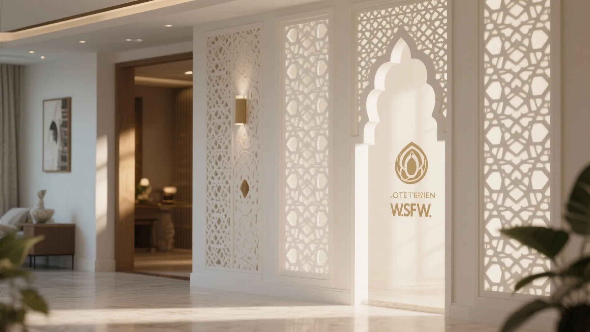 Elegant white entrance with intricate wall panels arched doorway marble floor and gold wall light