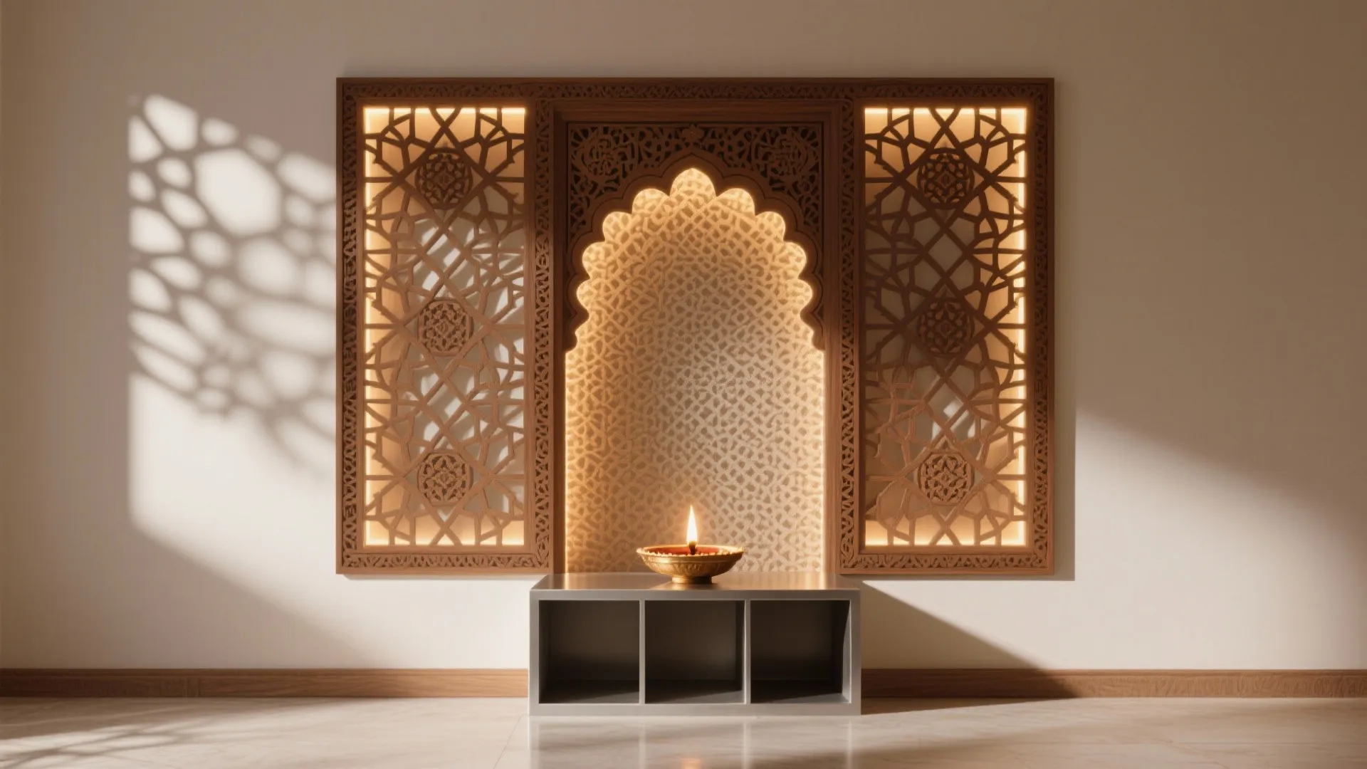 Ornate wood wall panel with patterns and warm lights behind a small candle on cabinet