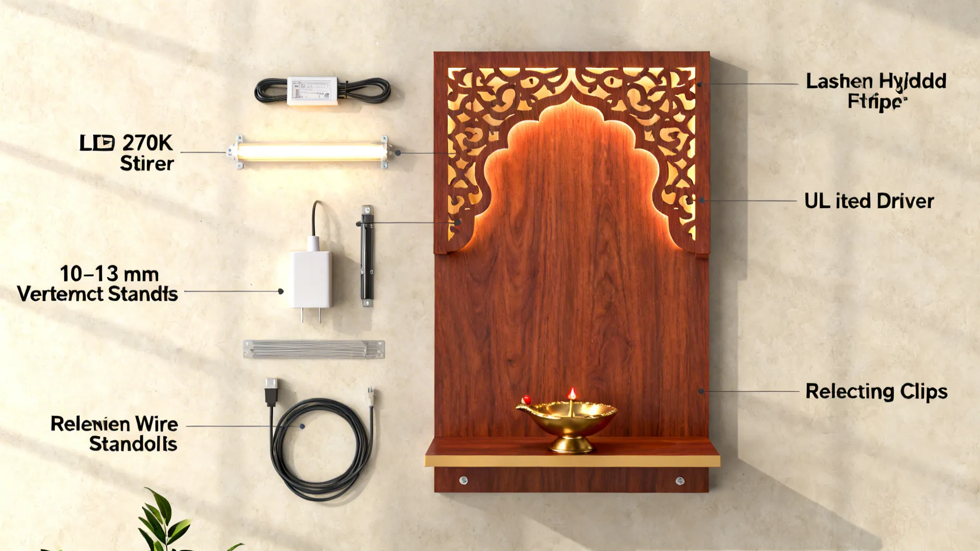 Top-down view of components for a backlit pooja jaali panel with LED and diffuser.