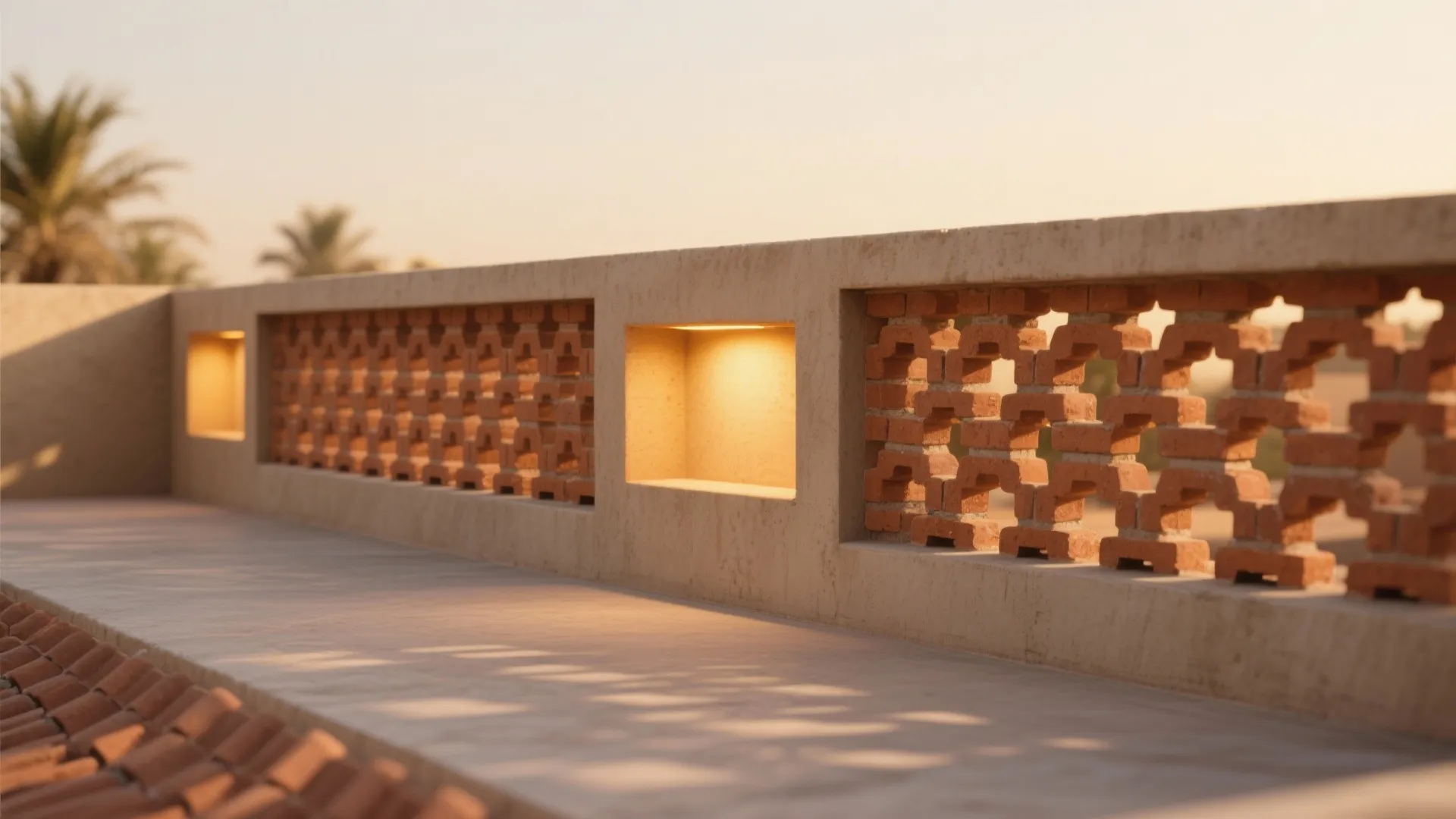 Close up of a decorative brick wall with small lights on a sunny outdoor rooftop