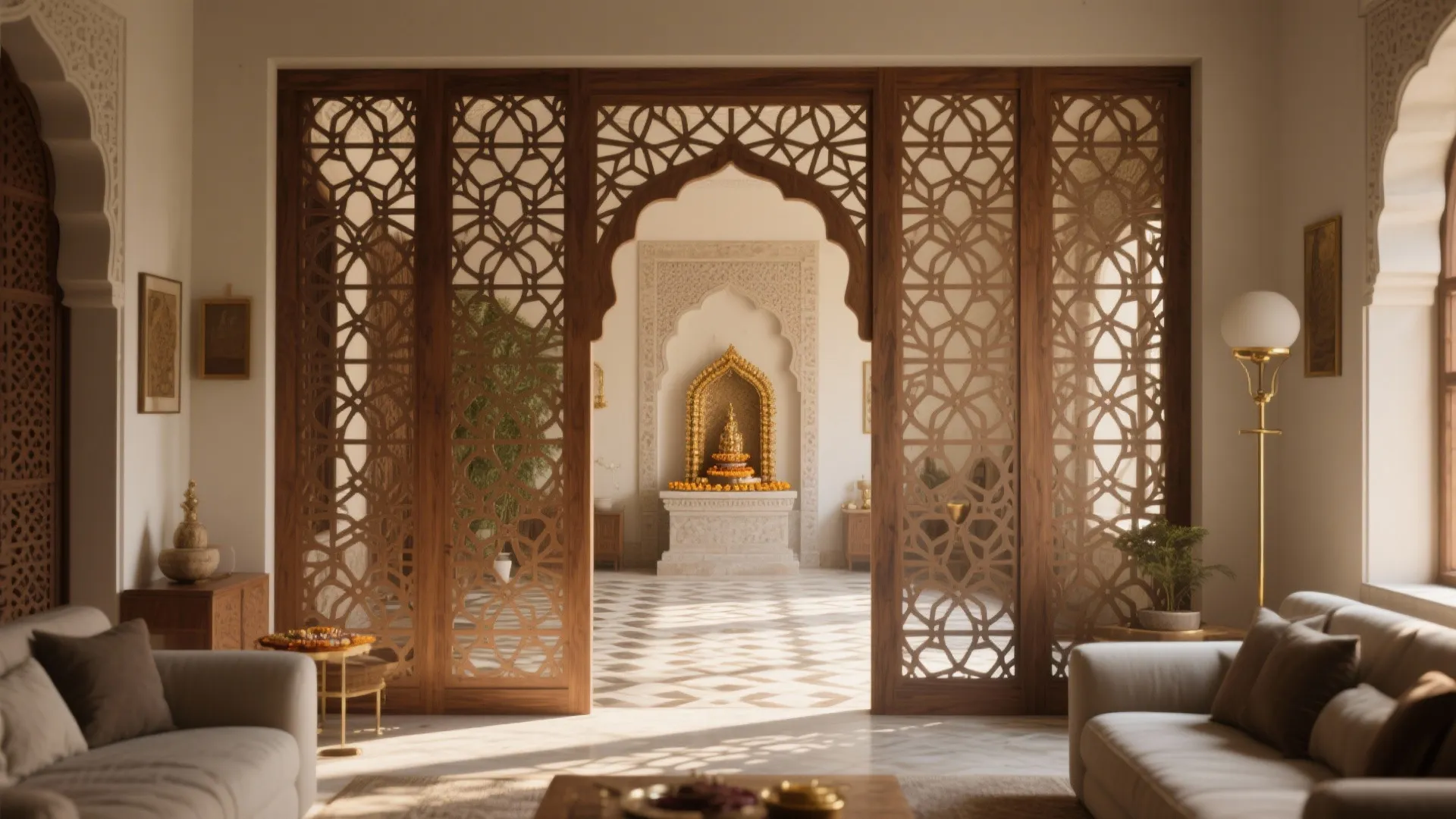 Jaali partition designs for pooja room create a gentle boundary and airflow in a modern pooja chowk design.