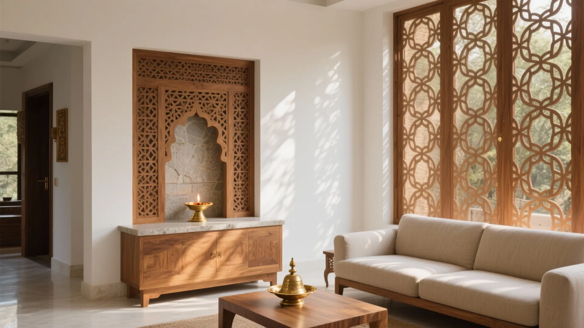 Bright living room with white sofa wooden cabinet carved wall panel and large patterned windows