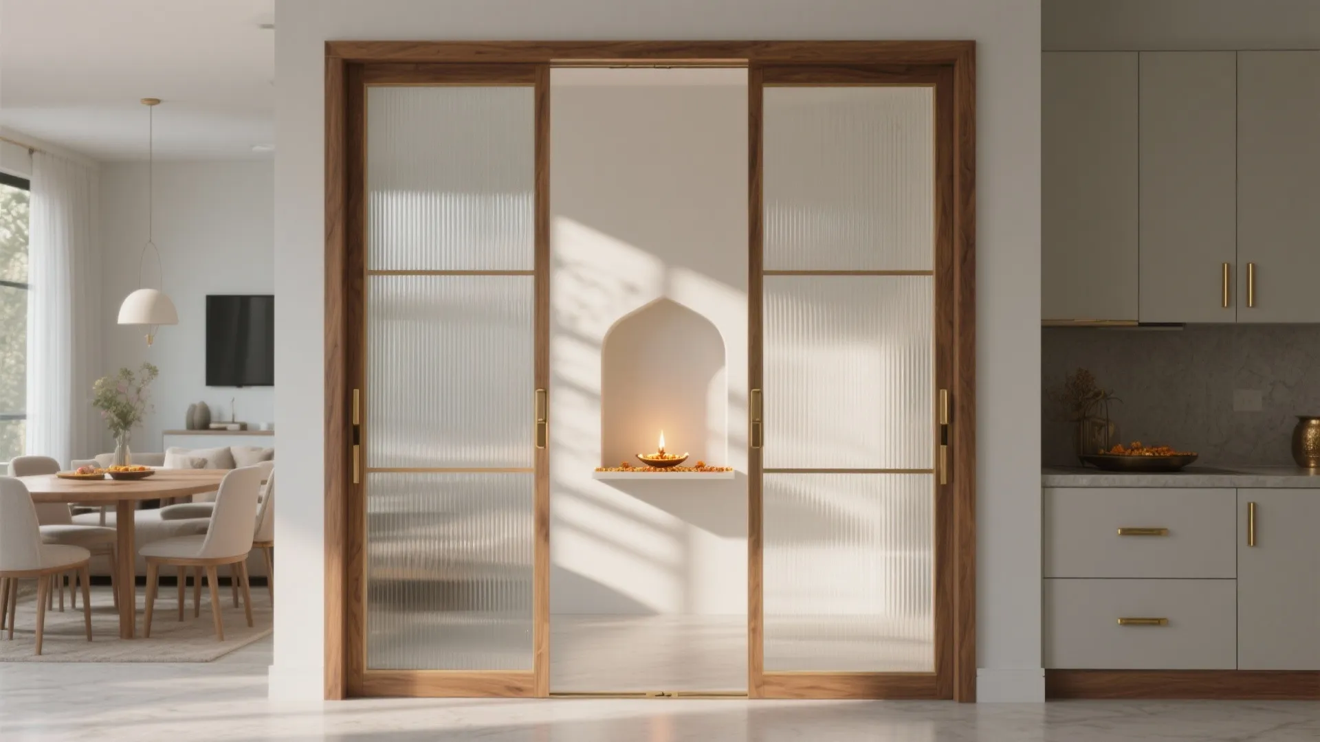 Light Jaali or Glass Partition to Define the Niche