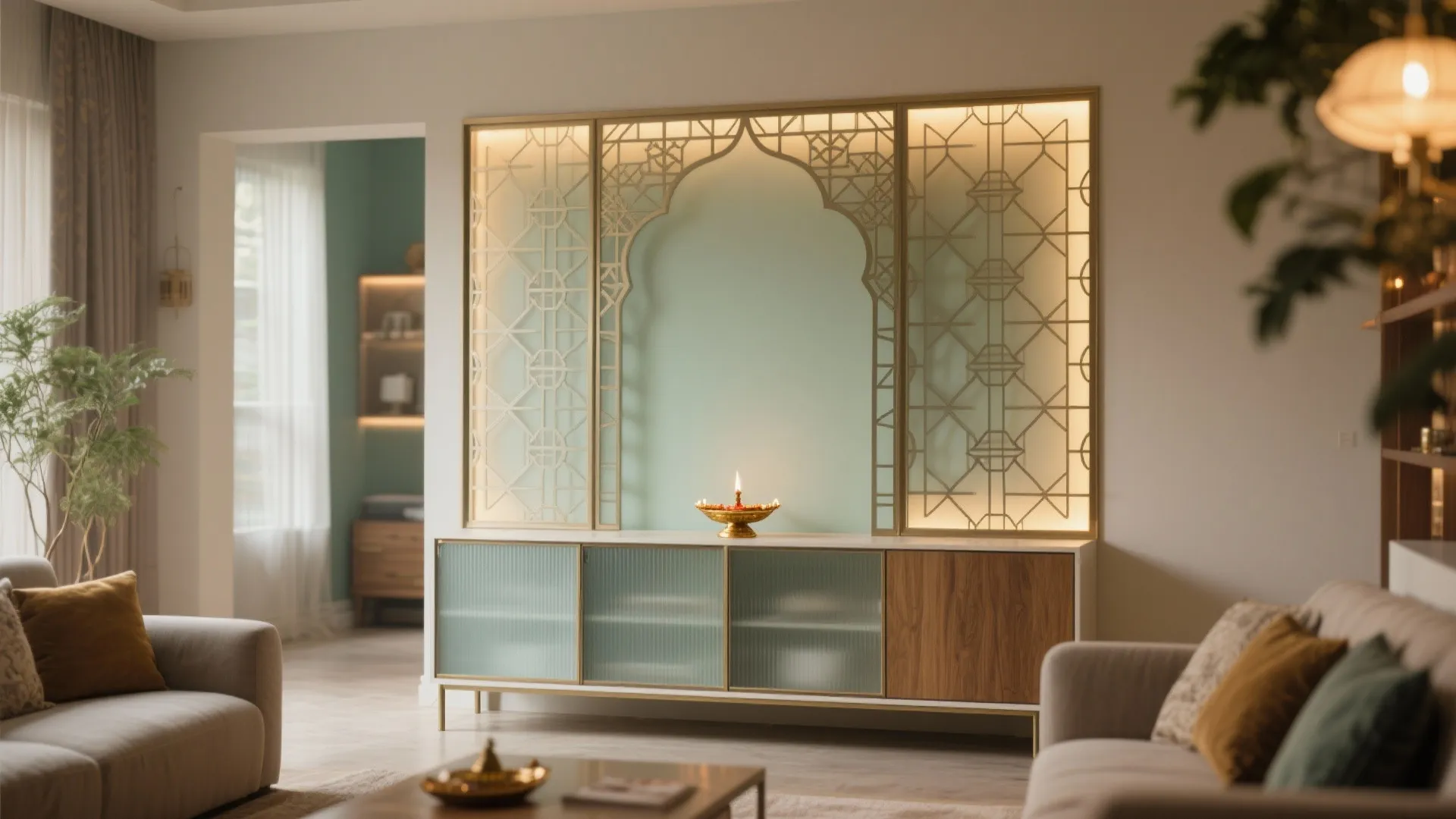 Glass or jaali partition for visual calm