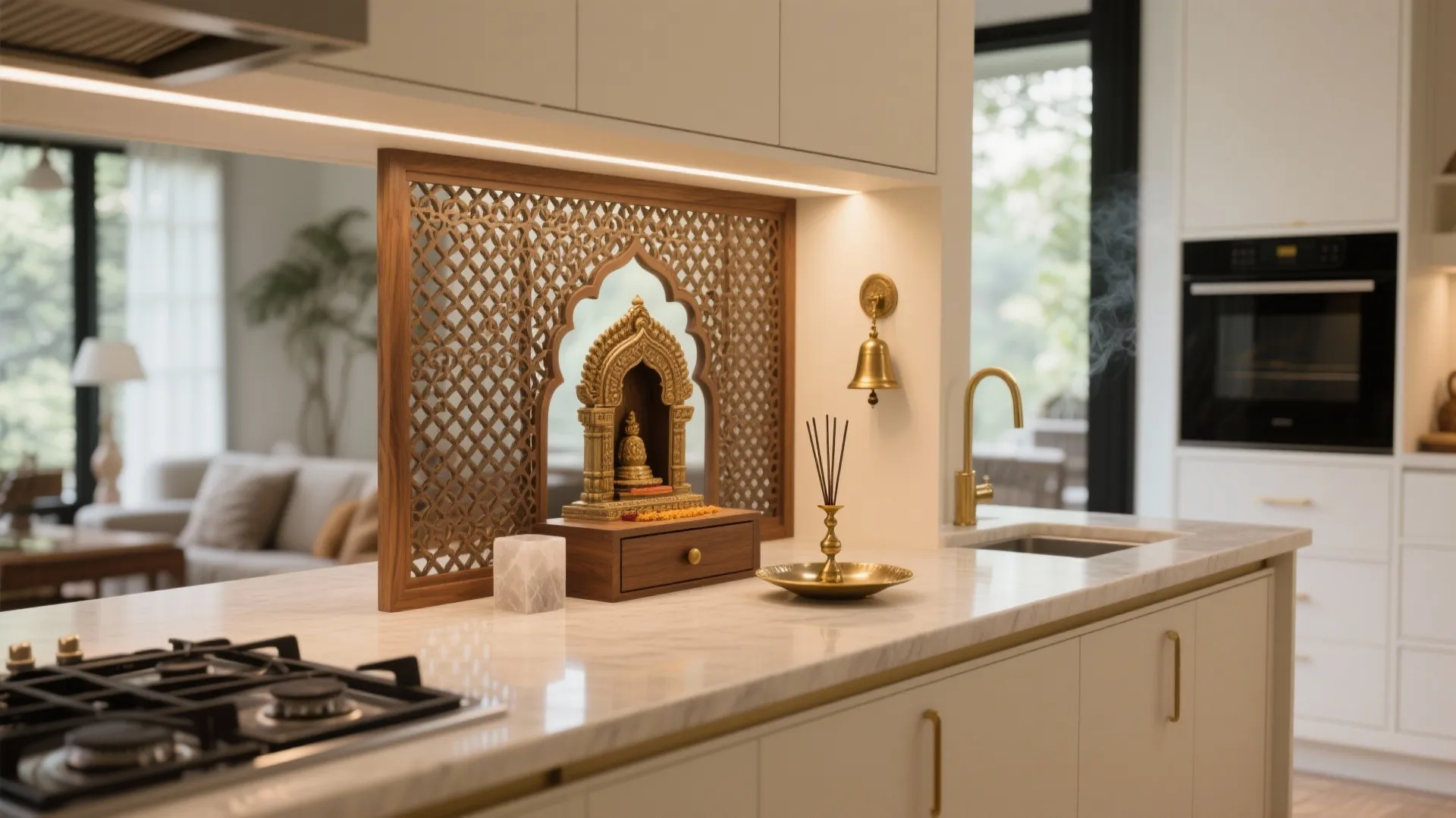 Modern kitchen island featuring a decorative wood screen and a small golden shrine on marble