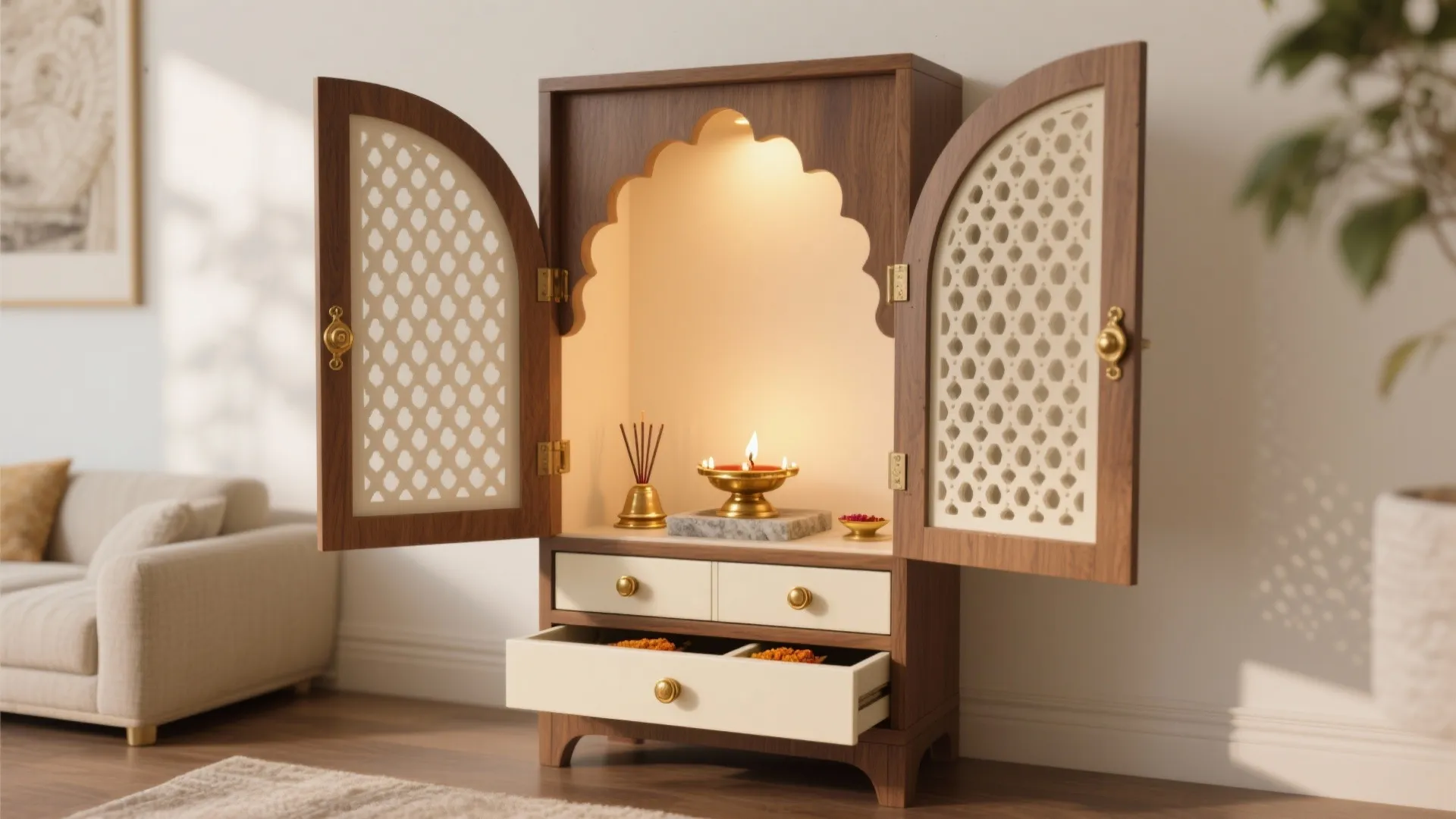 Jaali-Door Pooja Cabinet With Concealed Storage