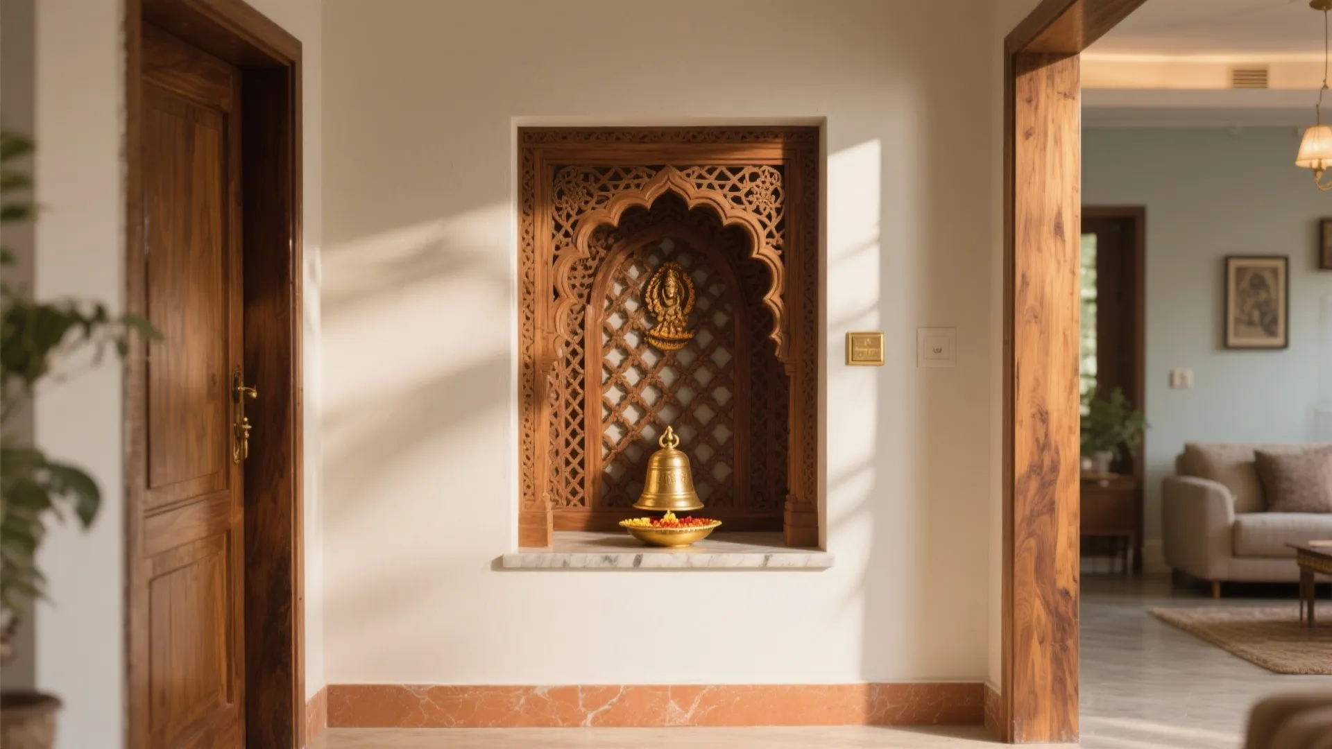 Traditional carved wood wall niche with golden bell and statue for a peaceful home prayer