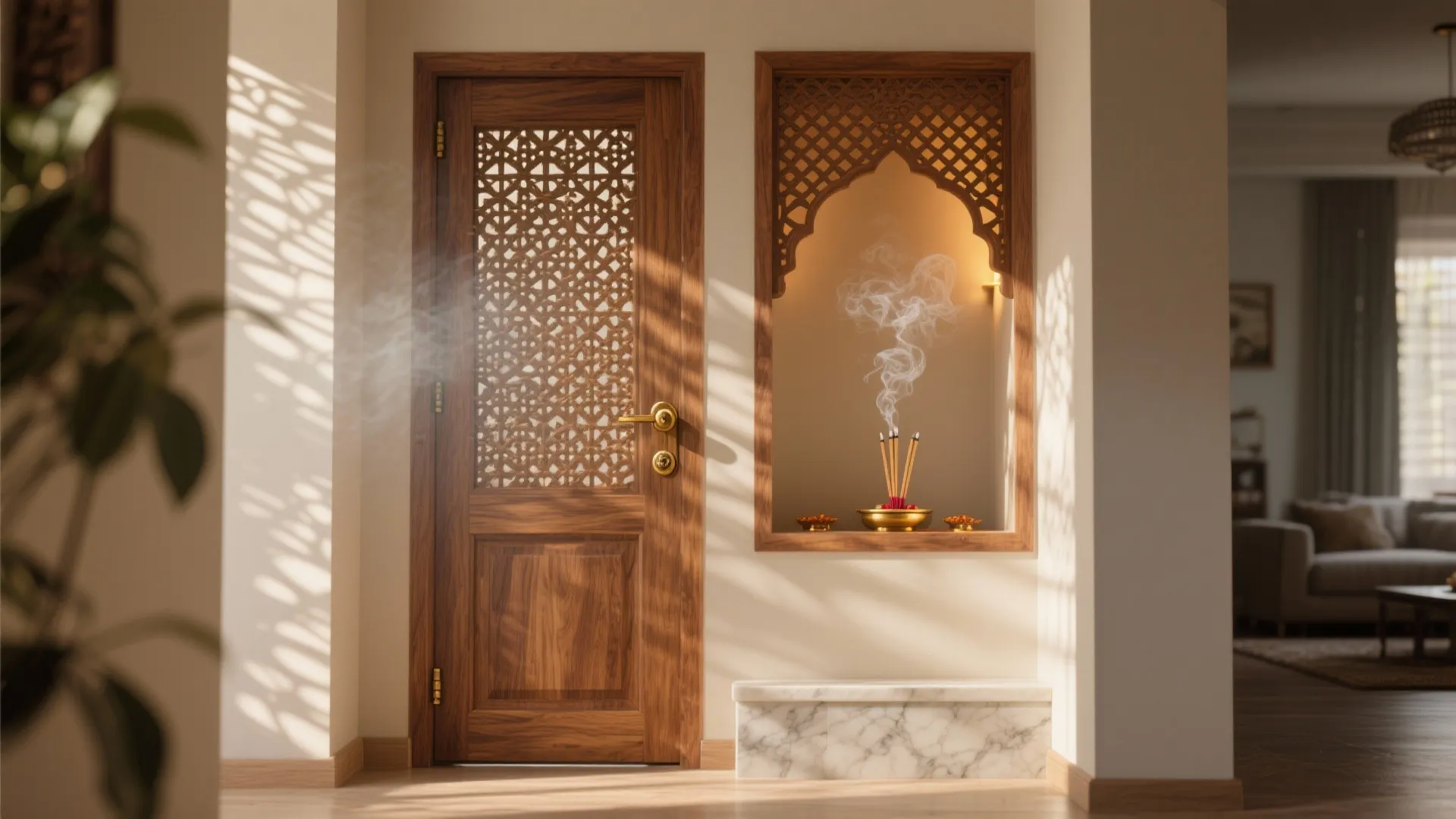 Carved wooden door with geometric patterns next to a small wall niche with incense smoke