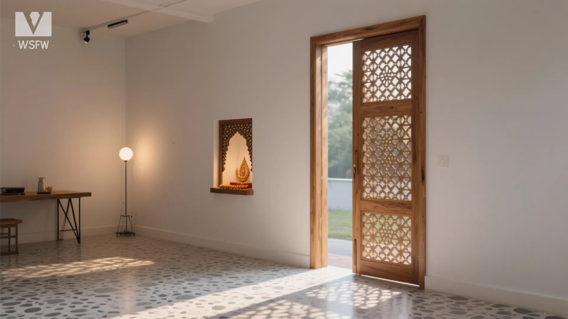 Carved wooden door with patterned design leading to a garden from a white modern room