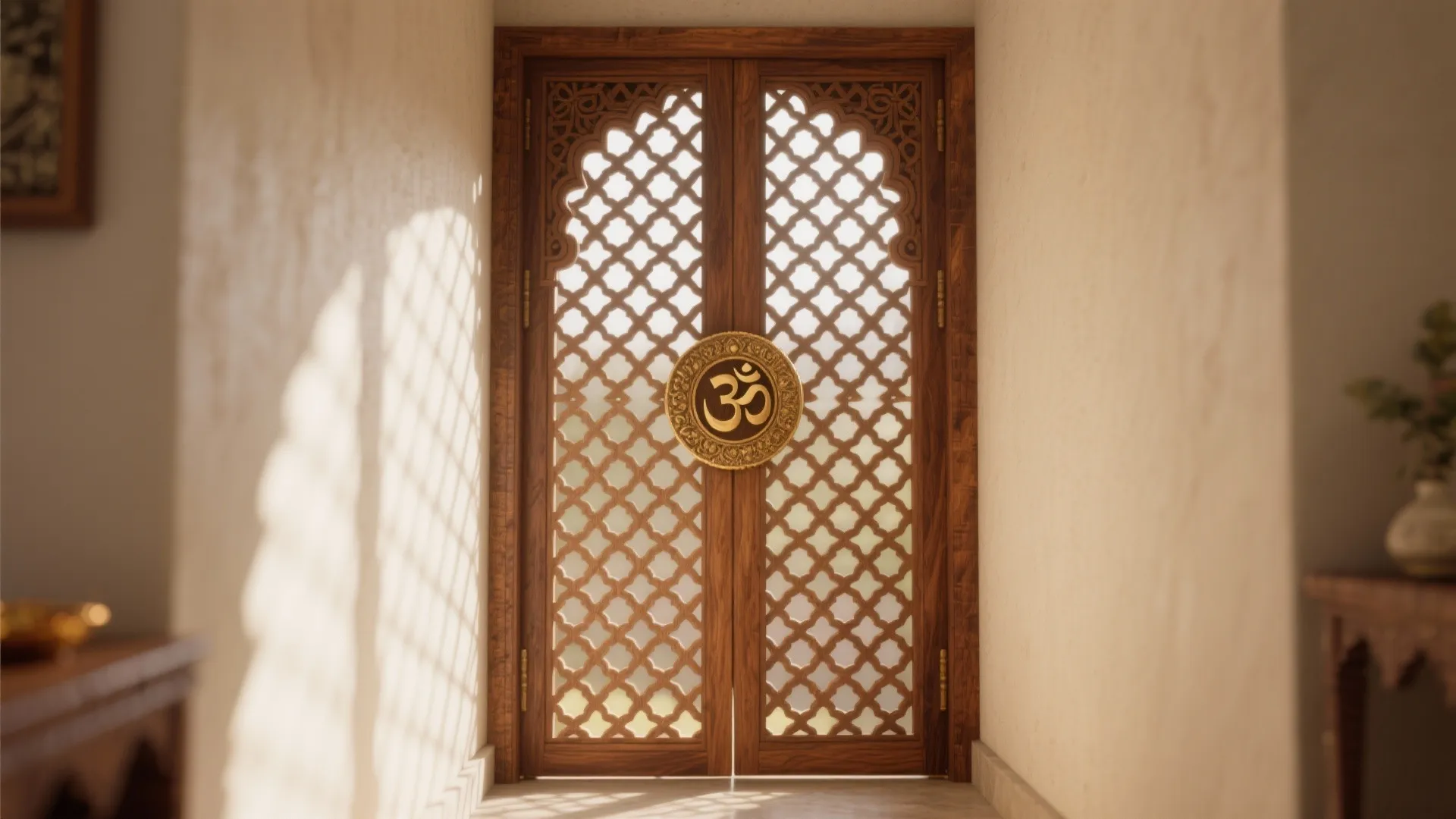 Warm teak jaali pooja door with a subtle brass Om medallion in a compact niche.