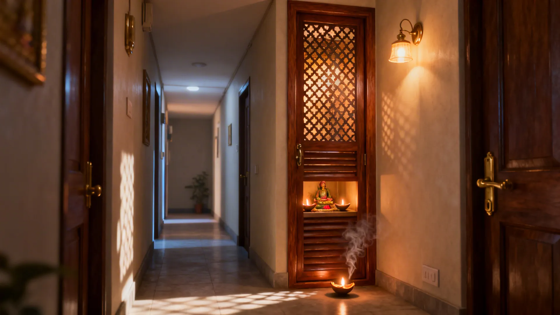 Wood-framed jaali pooja door casting warm lamp light into a compact corridor.