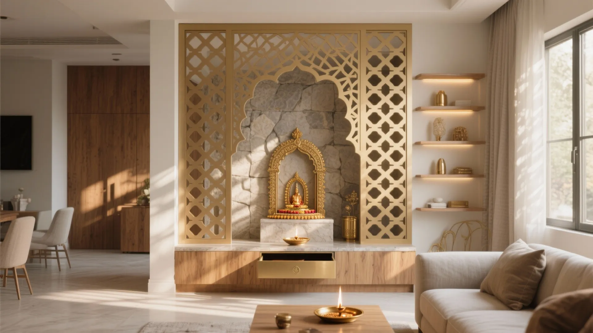 Jaali Partition Pooja Nook in the Living Room